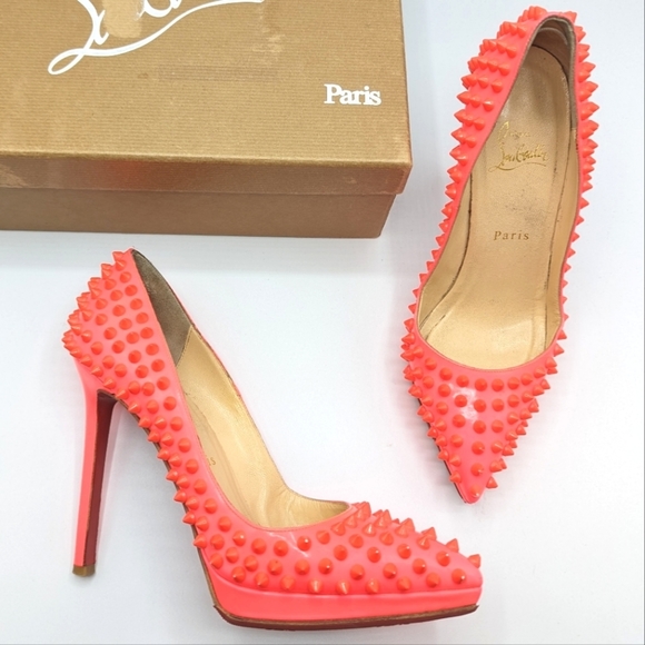 Christian Louboutin Shoes - Authentic Christian Louboutin Plato Spikes 120 Patent Studded Neon Pink Size 38
